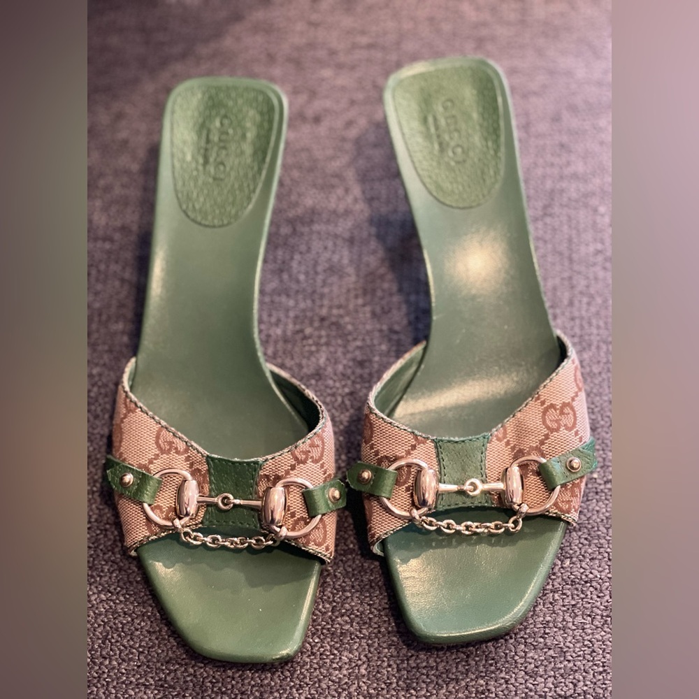 Gucci Green size 7.5 horse-bit slides mules kitten heel